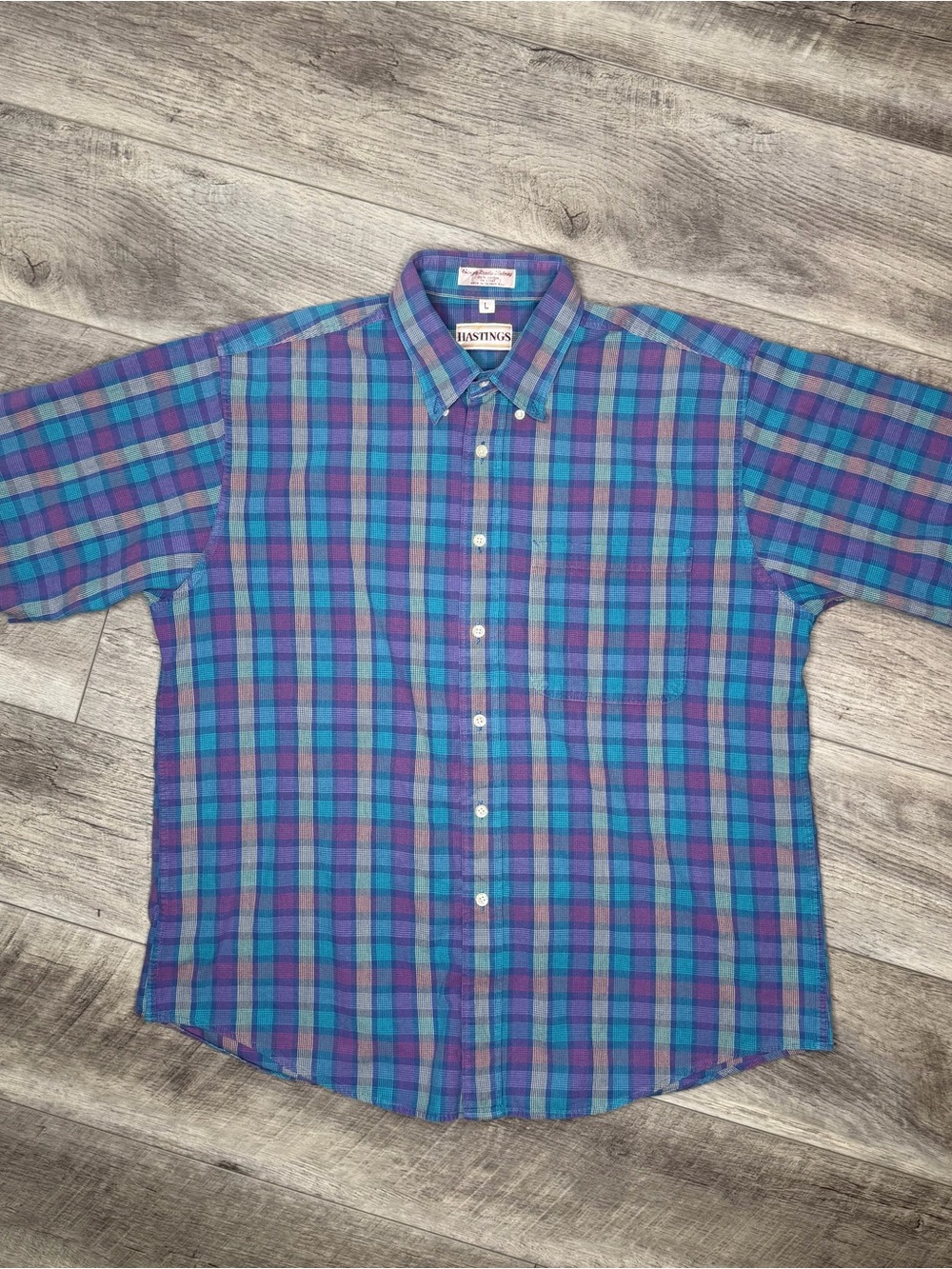 Men's Short Sleeve Teal & Purple Plaid Button-Down Shirt